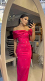 Classy Sheath Off The Shoulder Pink Satin Long Prom Dresses Formal Summer Wedding Guest Dresses Wedding Guest Outfit HZ1121