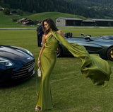 Classy Sheath One Shoulder Green Satin Long Prom Dresses Formal Summer Wedding Guest Dresses Wedding Guest Outfit HZ1121