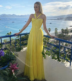 Elegant A line Halter Yellow Chiffon Long Prom Dresses Formal Summer Wedding Guest Dresses Wedding Guest Outfit HZ1121