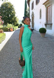 Sexy Sheath One Shoulder Green Long Prom Dresses Formal Summer Wedding Guest Dresses Wedding Guest Outfit With Scarf HZ1121