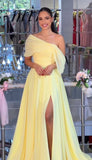 Classy A line One Shoulder Yellow Chiffon Long Prom Dresses Formal Summer Wedding Guest Dresses Wedding Guest Outfit HZ1121