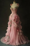 Pretty Ball Gown Pink Spaghetti Straps Tulle Long Quinceanera Dress Formal Short Sleeves Flowers Vestido De 15 Anos HZ1121