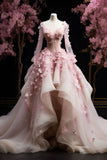Pretty Ball Gown Sweetheart Pink Flowers Long Sleeves Quinceanera Dresses Sweet 16 Dress Formal Vestido De 15 Anos HZ1121