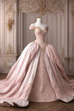 Pretty Ball Gown Off The Shoulder Pink Lace Long Quinceanera Dress Formal Short Sleeves Flowers Vestido De 15 Anos Sweet 16 Dress HZ1121