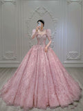 Pretty Ball Gown Sweetheart Tulle Pink Beaded Long Quinceanera Dress Formal Short Sleeves Flowers Vestido De 15 Anos Sweet 16 Dress HZ1121