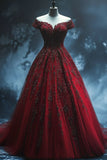 Pretty Ball Gown Off The Shoulder Burgundy Tulle Long Quinceanera Dress Formal Gown Vestido De 15 Anos Sweet 16 Dress HZ1121