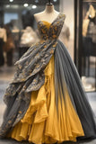 Pretty Ball Gown One Shoulder Yellow Lace Long Quinceanera Dress Formal Gowns Vestido De 15 Anos Sweet 16 Dress HZ1121