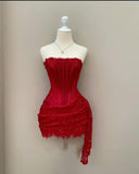 Cute Sheath Strapless Red Summer Lace Homecoming Dress Hoco Dress Mini 18th Birthday Outfit Cocktail Dresses HZ1121