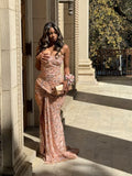 Modest Sheath Strapless Blush Pink Slit Sequin Formal Gown 23rd Birthday Dress Prom Dresses 20th Birthday Outfits HZ1121