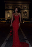 Modest Mermaid Straps Red Sequin Formal Gown 20th Birthday Dress Prom Dresses 18th Birthday Outfits HZ1121