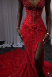 Sexy Mermaid Red Straps Sequin Formal Gown 23rd Birthday Dress Prom Dresses Black Girl 20th Birthday Outfits HZ1121