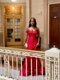 Sexy Mermaid Off the Shoulder Red Sequin Formal Gown Black Girl 23rd Birthday Dress Prom Dresses 20th Birthday Outfits HZ1121