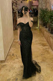 Sexy Mermaid Off The Shoulder Sequin Black Formal Gown 23rd Birthday Dress Prom Dresses 20th Birthday Outfits HZ1121