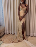 Modest Mermaid Sweetheart Champagne Slit Formal Gown 20th Birthday Dress Prom Dresses Black Girl 18th Birthday Outfits HZ1121
