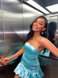 Cute Sheath Spaghetti Straps Blue Satin Short Summer Birthday Dresses Hoco Dress Mini 18th Birthday Outfit Cocktail Dresses HZ1121