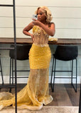 Vintage Mermaid Sweetheart Yellow Sleeveless Long Prom Dresses Party Dress Black Girl Outfits Graduation Dresses HZ1121