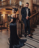 Classy Mermaid Off The Shoulder Black Satin Long Prom Dresses Formal Gown Summer Wedding Guest Dress Wedding Outfits For Guest HZ1121