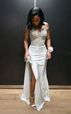 Classy Mermaid Sweetheart White Satin Slit Black Girl Long Prom Dresses Party Dress Birthday Outfits Graduation Dresses HZ1121