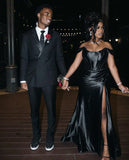 Classy Mermaid Off The Shoulder Black Satin Split Black Girl Long Slit Prom Dresses Party Dress Birthday Outfits Graduation Dresses HZ1121
