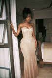 Classy Mermaid Sweetheart Champagne Sleeveless Sequin Long Prom Dresses Party Dress Birthday Outfits Graduation Dresses HZ1121