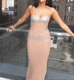 Classy Mermaid Sweetheart Champagne Sleeveless Sequin Long Prom Dresses Party Dress Birthday Outfits Graduation Dresses HZ1121