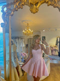 Cute A line Halter Pink Satin Short Summer Birthday Dresses Hoco Dress Mini 18th Birthday Outfit Cocktail Dresses HZ1121