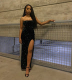 Classy Mermaid Strapless Black Sequin Sleeveless Long Prom Dresses Party Dress Birthday Outfits Graduation Dresses HZ1121