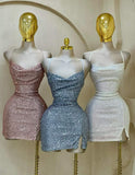 Cute Sheath Spaghetti Straps Sequin Short Summer 18th Birthday Dresses Hoco Dress Mini 21st Birthday Outfit Cocktail Dresses HZ1121