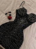 Pretty Sheath Spaghetti Straps Black Silver Beads Summer 16th Birthday Dresses For Teens Hoco Dress Mini 18th Gold Birthday Outfit Cocktail Dresses For Women HZ1121
