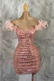 Pretty Sheath Off The Shoulder Pink Sequin Summer 16th Birthday Dresses For Teens Hoco Dress Mini 18th Gold Birthday Outfit Cocktail Dresses For Women HZ1121