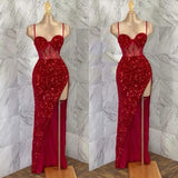 Classy Mermaid Straps Red Sequin High Slit Long Prom Dresses Party Dress Birthday Outfits Graduation Dresses HZ1121