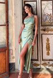 Classy Mermaid One Shoulder Mint Green Satin Long Formal Gown Summer Slit Wedding Guest Dress Bridal Guest Dresses Wedding Outfits For Guest HZ1121