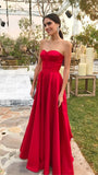Classy A line Sweetheart Red Satin Long Formal Gown Summer Wedding Guest Dress Bridal Guest Dresses Wedding Outfits For Guest HZ1121