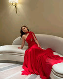 Classy A line One Shoulder Chiffon Red Long Formal Gown Summer Wedding Guest Dress Bridal Guest Dresses Wedding Outfits For Guest HZ1121
