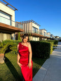 Classy Sheath One Shoulder Satin Red Long Formal Gown Summer Wedding Guest Dress Bridal Guest Dresses Wedding Outfits For Guest HZ1121