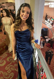 Classy Mermaid Navy Blue Slit Long Prom Dresses Formal Gown Summer Wedding Guest Dress Wedding Outfits For Guest HZ1121
