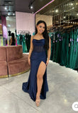 Classy Mermaid Halter Navy Blue Slit Long Prom Dresses Formal Gown Summer Wedding Guest Dress Wedding Outfits For Guest HZ1121