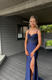 Classy Mermaid Spaghetti Straps Navy Blue Slit Long Prom Dresses Formal Gown Summer Wedding Guest Dress Wedding Outfits For Guest HZ1121