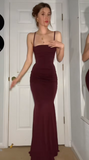 Classy Mermaid Spaghetti Straps Burgundy Long Prom Dresses Formal Gown Summer Wedding Guest Dress Wedding Outfits For Guest HZ1121