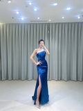 Modest Sheath One Shoulder Satin Long Prom Gown Summer Wedding Guest Dress Bridal Guest Dresses Wedding Outfits For Guest HZ1121