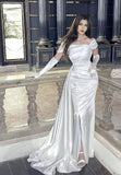 Classy Mermaid Off The Shoulder White Slit Long Prom Gown Summer Wedding Guest Dress Bridal Guest Dresses Wedding Outfits For Guest HZ1121
