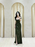 Classy Mermaid Off The Shoulder Green Slit Long Prom Gown Summer Wedding Guest Dress Bridal Guest Dresses Wedding Outfits For Guest HZ1121