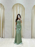Classy Mermaid Off The Shoulder Sage Green Slit Ruffles Long Prom Gown Summer Wedding Guest Dress Bridal Guest Dresses Wedding Outfits For Guest HZ1121