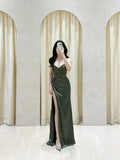 Classy Mermaid Spaghetti Straps Olive Green Slit Ruffles Long Prom Gown Summer Wedding Guest Dress Bridal Guest Dresses Wedding Outfits For Guest HZ1121