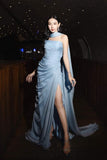 Classy Sheath Strapless Light Sky Blue Slit Ruffles Long Prom Gown Summer Wedding Guest Dress Bridal Guest Dresses Wedding Outfits For Guest HZ1121
