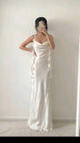 Classy Sheath Spaghetti Straps White Satin Formal Long Prom Gown Summer Wedding Guest Dress Bridal Guest Dresses Wedding Outfits For Guest HZ1121