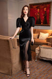 Classy Sheath V Neck Ruffles Satin Black Tea Length Prom Gown Summer Wedding Guest Dress Bridal Guest Dresses Wedding Outfits For Guest HZ1121