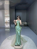 Classy Mermaid Green Satin Long Prom Gown Summer Wedding Guest Dress Bridal Guest Dresses Wedding Outfits For Guest HZ1121