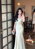 Classy Mermaid Square Neck Ruffles Sage Green Prom Gown Summer Wedding Guest Dress Bridal Guest Dresses Wedding Outfits For Guest HZ1121