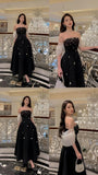Classy A line Strapless Black Silver Beads Prom Gown Summer Wedding Guest Dress Bridal Guest Dresses Wedding Outfits For Guest HZ1121